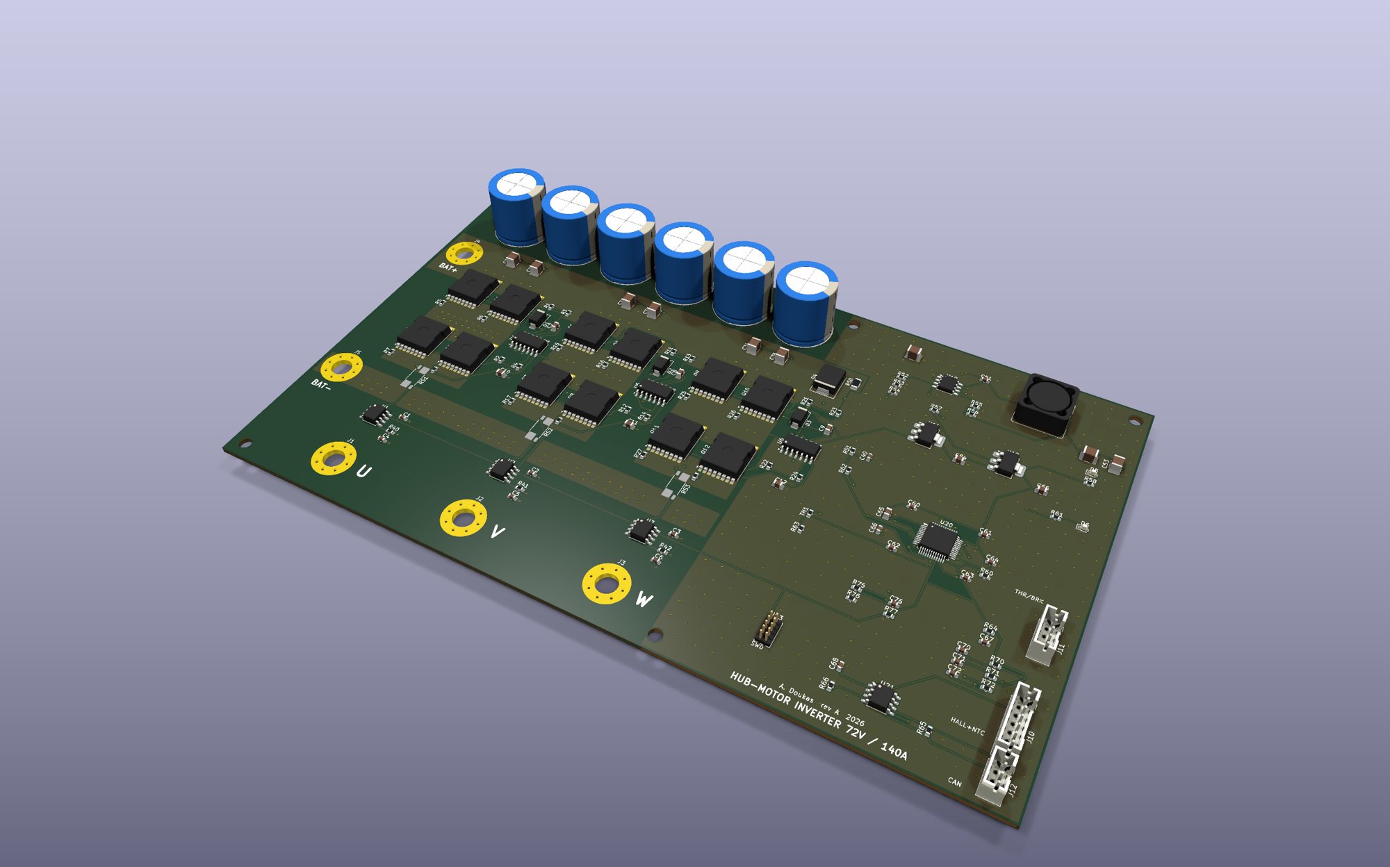 3D render of the four-layer hub-motor inverter board with DC-link capacitors, three MOSFET half-bridges, phase lugs and the controller section